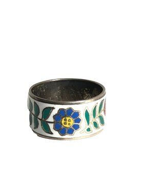Siam Enamel Flower Cloisonne Sterling Silver 925 Vintage NOS Ring Band Sz 6